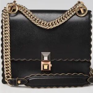 Fendi Kan Scalloped Black Leather Shoulder Bag with Gold Chain